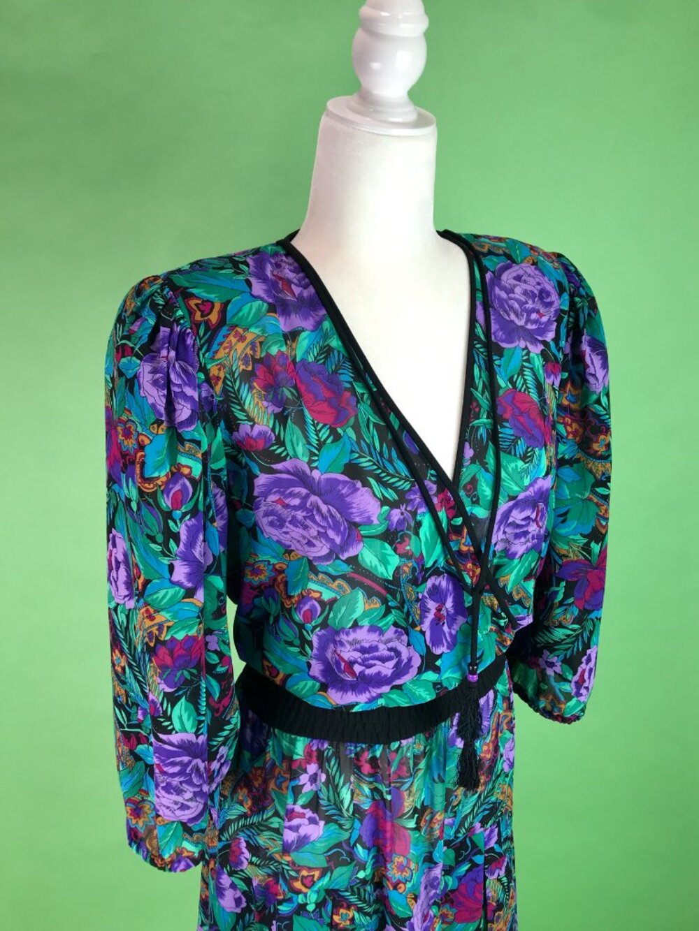 Vintage 80s Diane Freis Bold Dark Floral Pleated Georgette Dress Size Large - Picture 6 of 10